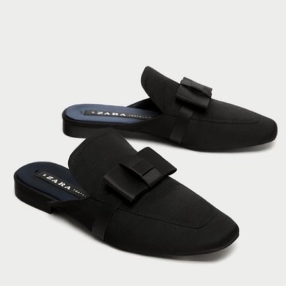 Zara Black Bow Mule Flats Slip On Minimalist Shoes EU 38